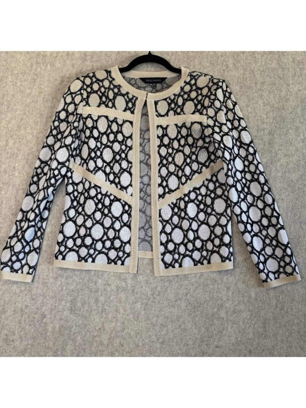 Ming Wang Front Open Topper Cardigan Womens XS Black Cream Geometric Knit